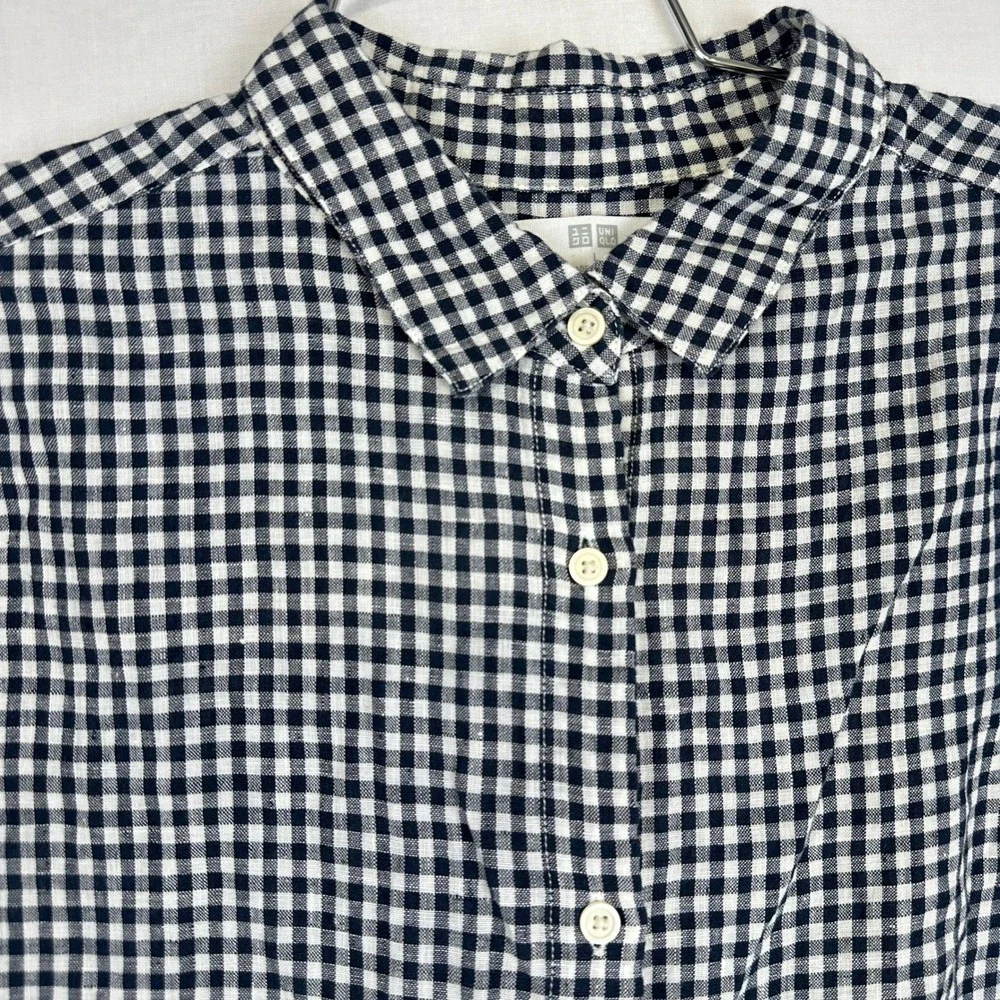 Uniqlo Linen Button Down Shirt Womens L Navy Blue Gingham Excellent Long Sleeve - Picture 3 of 10